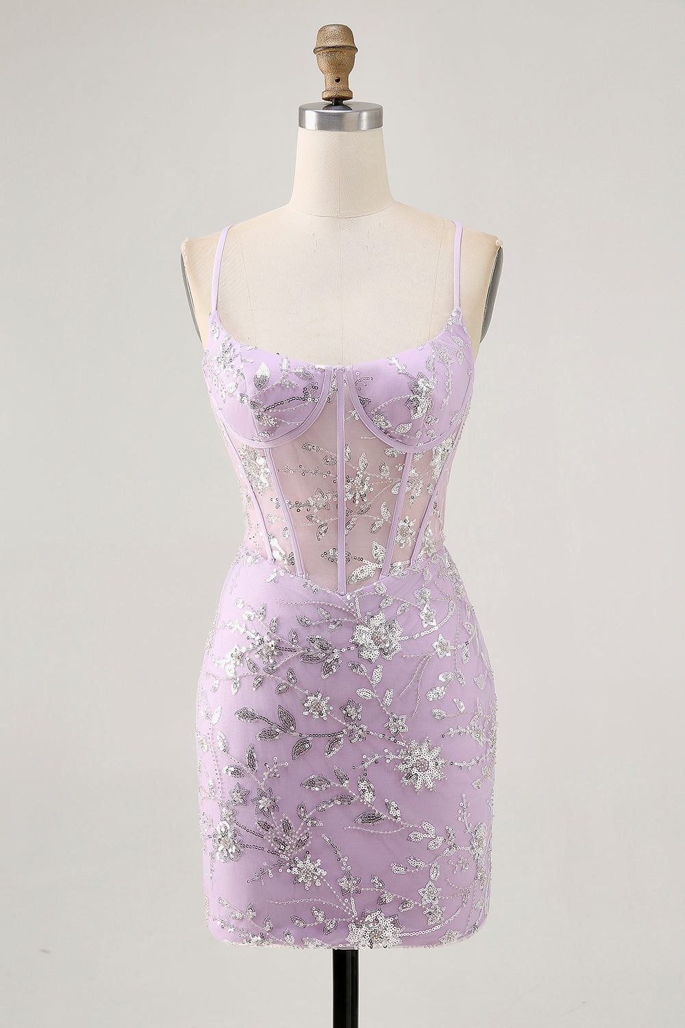 Sparkly Lilac Floral Tight Corset Short Prom Dress with Sequins