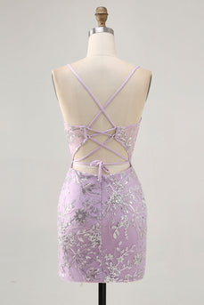 Sparkly Lilac Floral Tight Corset Short Prom Dress with Sequins