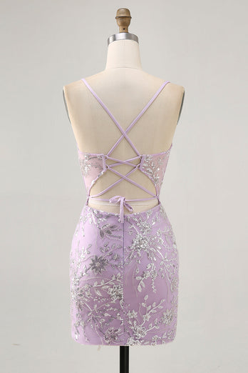 Sparkly Lilac Floral Tight Corset Short Prom Dress with Sequins