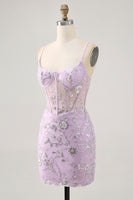 Load image into Gallery viewer, Sparkly Lilac Floral Tight Corset Short Prom Dress with Sequins