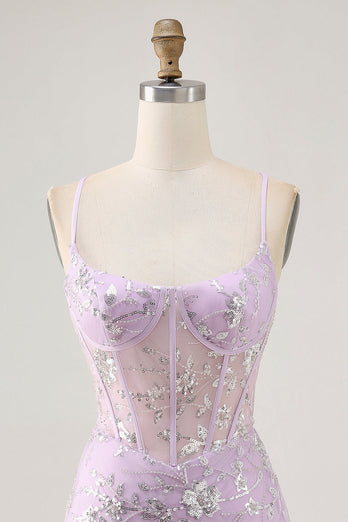 Sparkly Lilac Floral Tight Corset Short Prom Dress with Sequins
