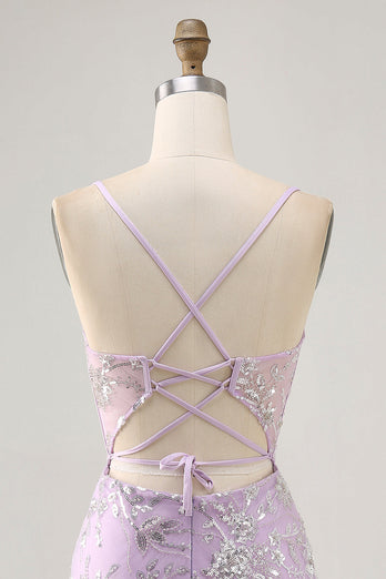 Sparkly Lilac Floral Tight Corset Short Prom Dress with Sequins