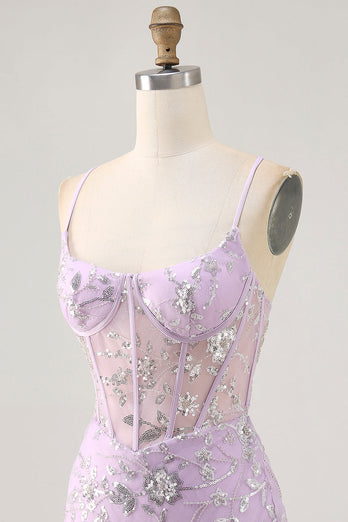 Sparkly Lilac Floral Tight Corset Short Prom Dress with Sequins