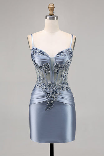 Grey Blue Satin Corset Tight Short Prom Dress with Appliques