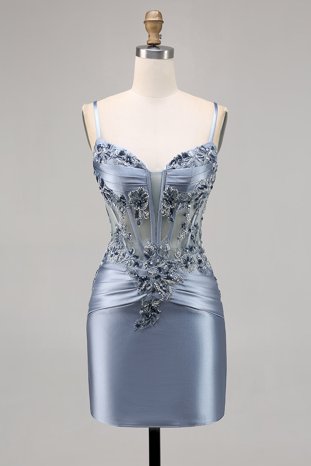 Grey Blue Satin Corset Tight Short Prom Dress with Appliques