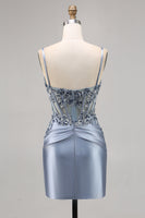 Load image into Gallery viewer, Grey Blue Satin Corset Tight Short Prom Dress with Appliques