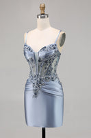 Load image into Gallery viewer, Grey Blue Satin Corset Tight Short Prom Dress with Appliques