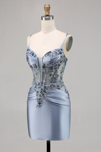 Grey Blue Satin Corset Tight Short Prom Dress with Appliques