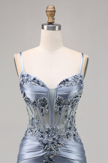 Grey Blue Satin Corset Tight Short Prom Dress with Appliques