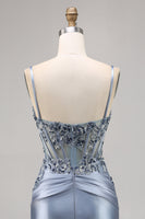 Load image into Gallery viewer, Grey Blue Satin Corset Tight Short Prom Dress with Appliques
