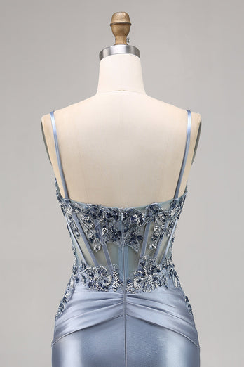 Grey Blue Satin Corset Tight Short Prom Dress with Appliques