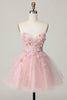 Load image into Gallery viewer, Pink Spaghetti Straps Corset A Line Floral Short Prom Dress