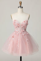 Load image into Gallery viewer, Pink Spaghetti Straps Corset A Line Floral Short Prom Dress