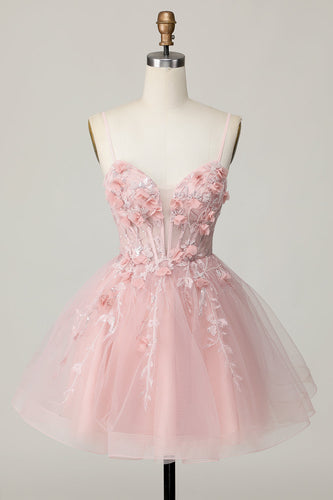 Pink Spaghetti Straps Corset A Line Floral Short Prom Dress