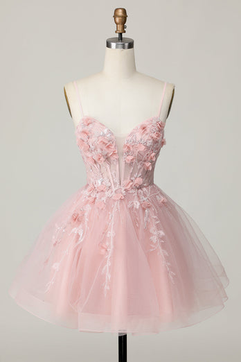 Pink Spaghetti Straps Corset A Line Floral Short Prom Dress