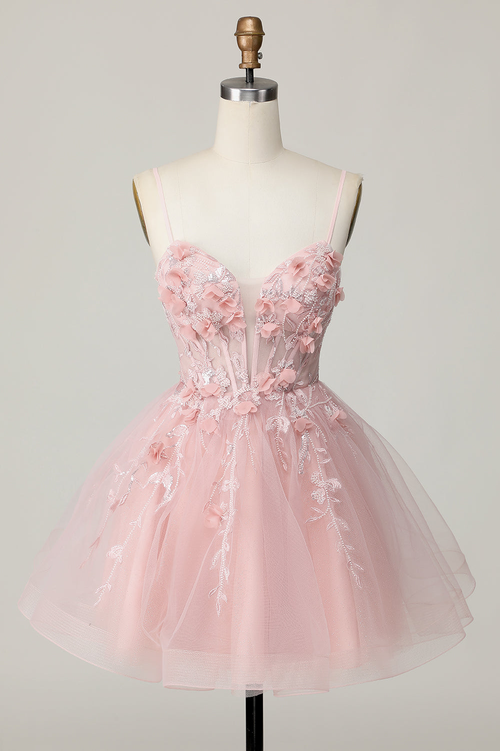 Pink Spaghetti Straps Corset A Line Floral Short Prom Dress