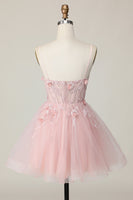 Load image into Gallery viewer, Pink Spaghetti Straps Corset A Line Floral Short Prom Dress