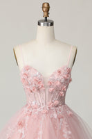 Load image into Gallery viewer, Pink Spaghetti Straps Corset A Line Floral Short Prom Dress