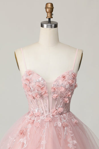 Pink Spaghetti Straps Corset A Line Floral Short Prom Dress