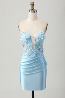 Load image into Gallery viewer, Sky Blue Corset Floral Tight Short Satin Prom Dress