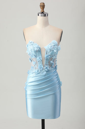 Sky Blue Corset Floral Tight Short Satin Prom Dress