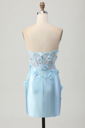 Sky Blue Corset Floral Tight Short Satin Prom Dress