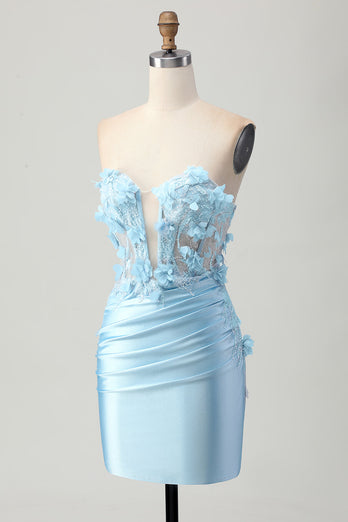 Sky Blue Corset Floral Tight Short Satin Prom Dress