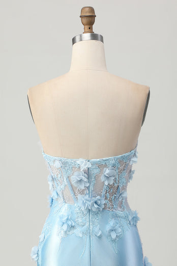 Sky Blue Corset Floral Tight Short Satin Prom Dress
