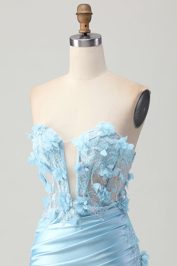 Sky Blue Corset Floral Tight Short Satin Prom Dress