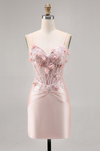 Pink Satin Corset Floral Short Tight Prom Dress