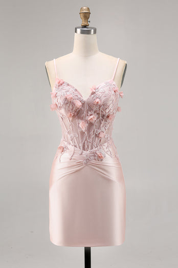 Pink Satin Corset Floral Short Tight Prom Dress