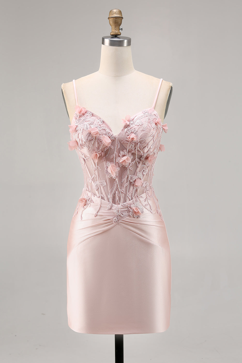 Pink Satin Corset Floral Short Tight Prom Dress