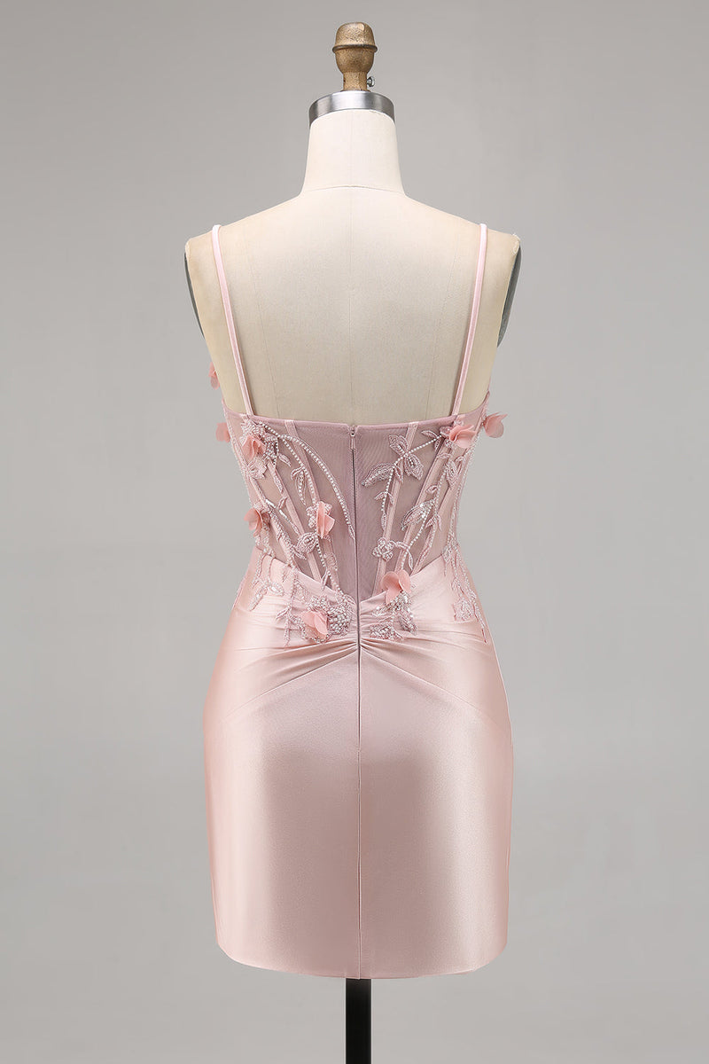 Load image into Gallery viewer, Pink Satin Corset Floral Short Tight Prom Dress