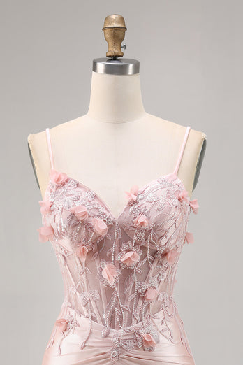 Pink Satin Corset Floral Short Tight Prom Dress