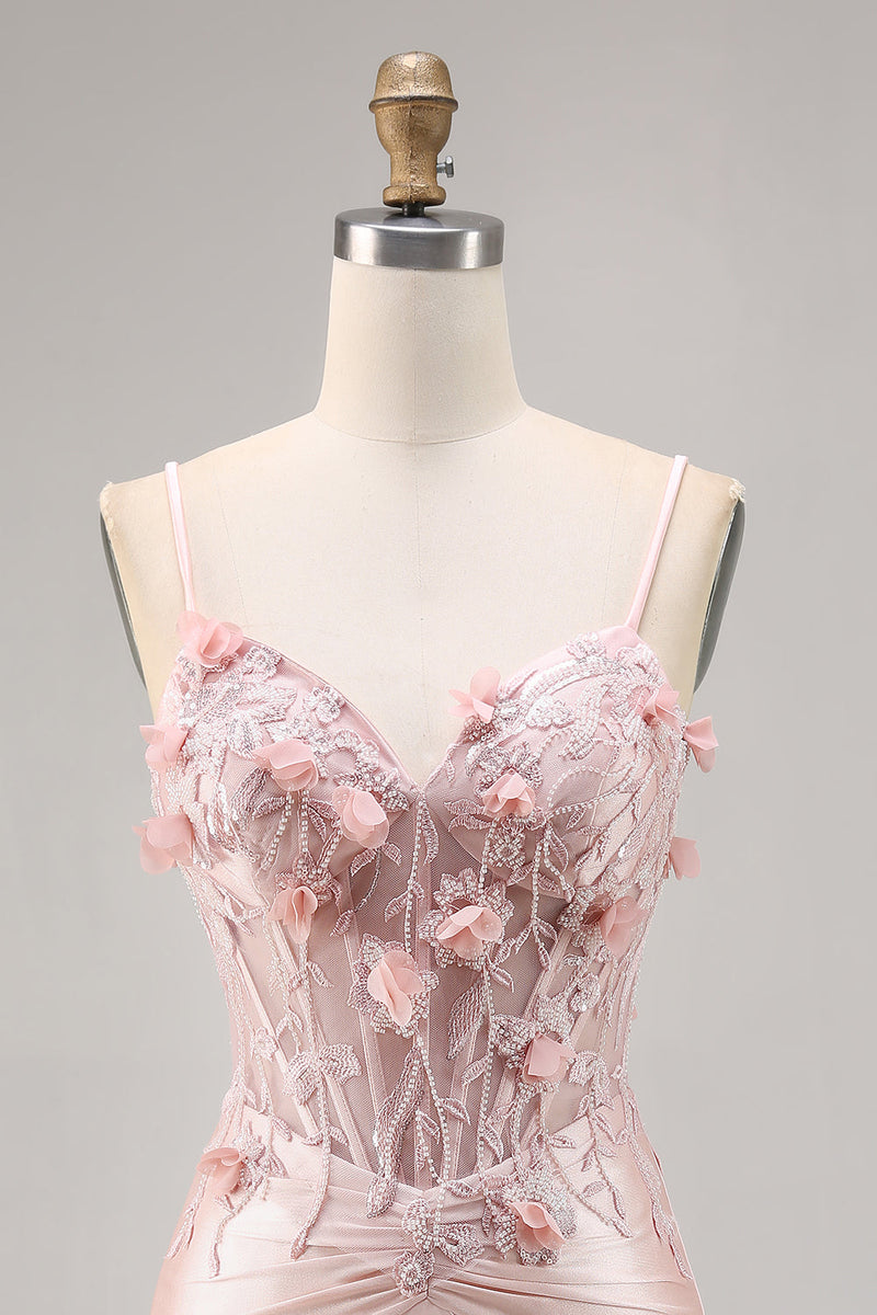 Load image into Gallery viewer, Pink Satin Corset Floral Short Tight Prom Dress