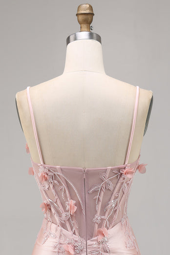 Pink Satin Corset Floral Short Tight Prom Dress