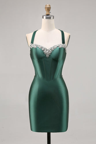 Sparkly Dark Green Satin Corset Short Tight Prom Dress with Beading