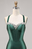 Load image into Gallery viewer, Sparkly Dark Green Satin Corset Short Tight Prom Dress with Beading