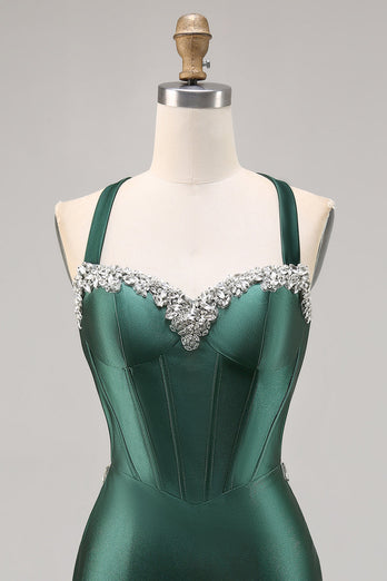 Sparkly Dark Green Satin Corset Short Tight Prom Dress with Beading