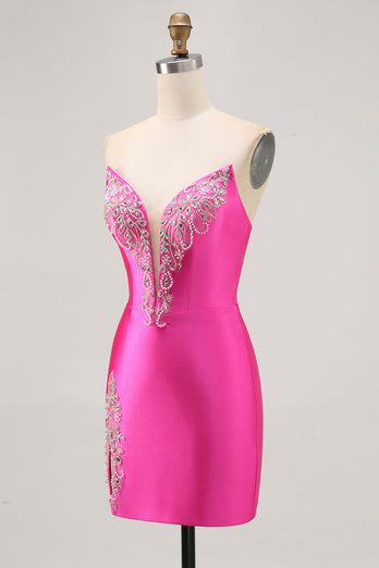Sparkly Fuchsia Tight Satin Strapless Short Prom Dress with Rhinestones