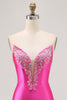Load image into Gallery viewer, Sparkly Fuchsia Tight Satin Strapless Short Prom Dress with Rhinestones