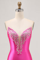 Load image into Gallery viewer, Sparkly Fuchsia Tight Satin Strapless Short Prom Dress with Rhinestones