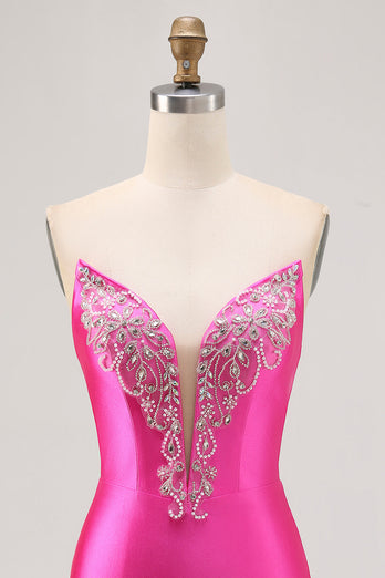 Sparkly Fuchsia Tight Satin Strapless Short Prom Dress with Rhinestones