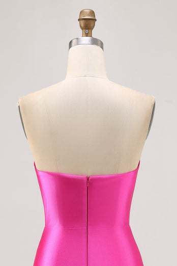 Sparkly Fuchsia Tight Satin Strapless Short Prom Dress with Rhinestones