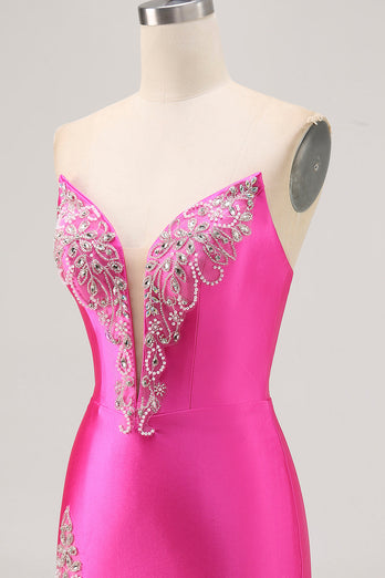 Sparkly Fuchsia Tight Satin Strapless Short Prom Dress with Rhinestones