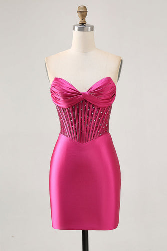 Sparkly Fuchsia Tight Corset Strapless Short Satin Prom Dress