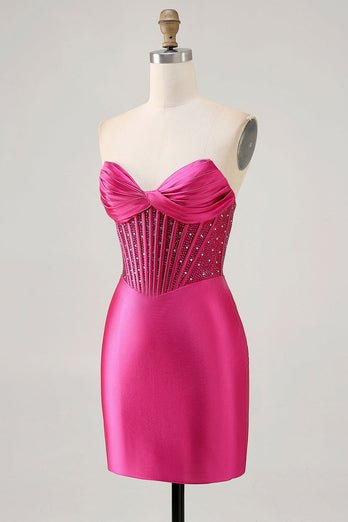 Sparkly Fuchsia Tight Corset Strapless Short Satin Prom Dress