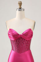 Load image into Gallery viewer, Sparkly Fuchsia Tight Corset Strapless Short Satin Prom Dress