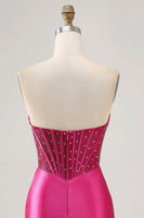 Load image into Gallery viewer, Sparkly Fuchsia Tight Corset Strapless Short Satin Prom Dress