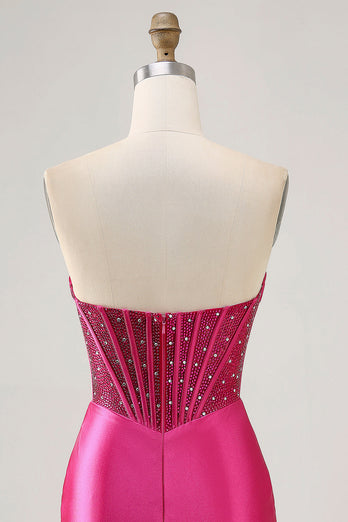 Sparkly Fuchsia Tight Corset Strapless Short Satin Prom Dress